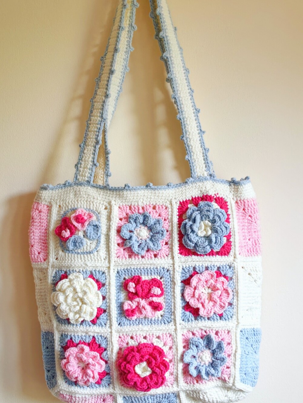 Handmade Crochet Floral Tote Bag, Slouchy Shoulder Bag, Handwoven Purse